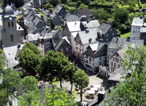 Aerial view of half-timbered buildings in the centre of a town