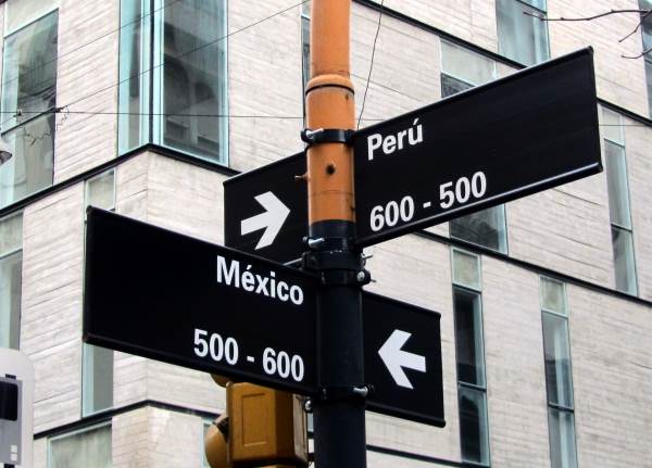 Street sign with road names Peru and Mexico