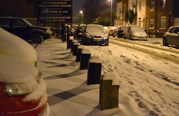 Snow-covered bollards in St Stephen's Road