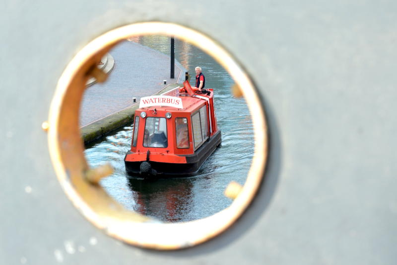 View of a canal boat from a bridge near the ICC, Birmingham