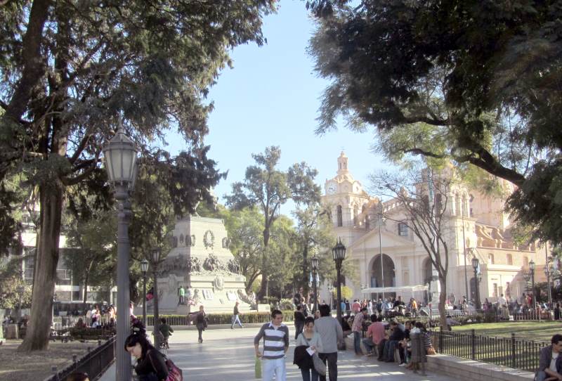 A tree-lined city square with a cathedral on one side