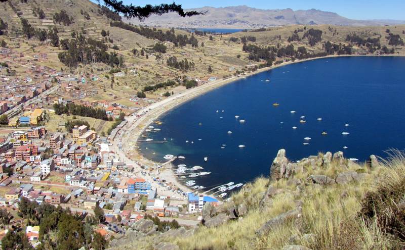 Looking down on a bay in Lake Titicaca