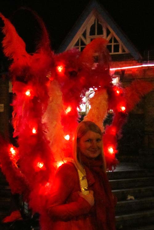 Illuminated red feather decorations