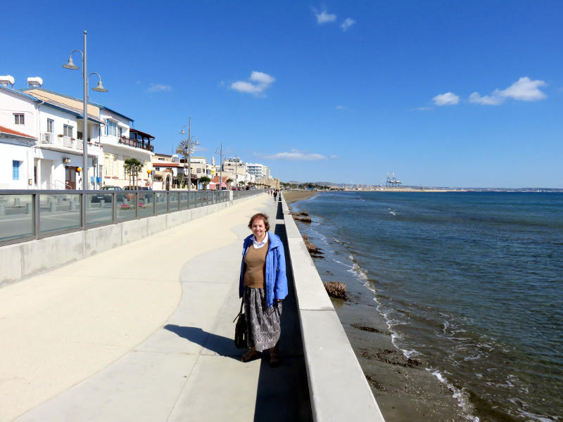 Miriam on the seafront at Larnaca, Cyprus