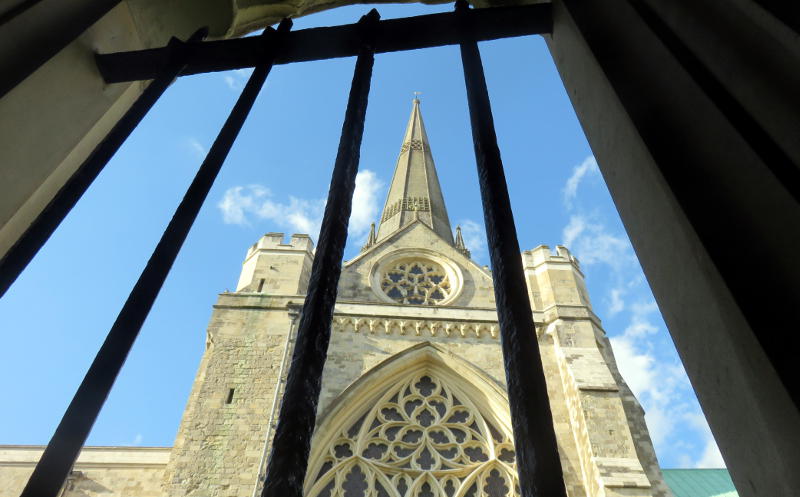 Spire of Chichester Cathedral viewed from the cloister