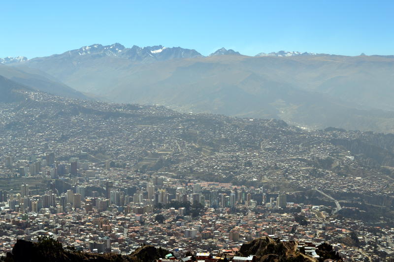 Looking down on the city of La Paz, surrounded by mountains