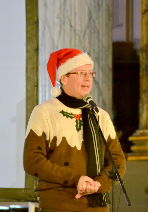 Paul Kerensa wearing a Santa hat