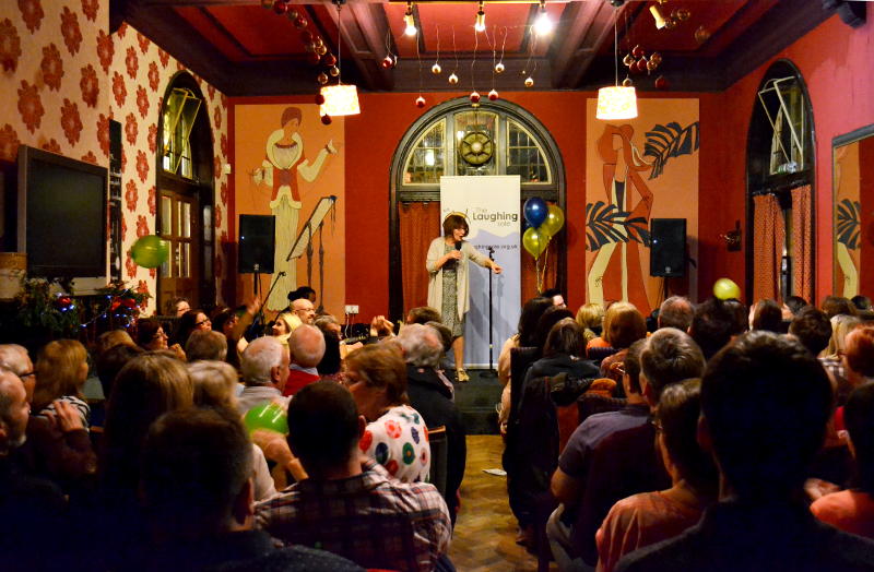 Barbara Nice on stage at the Laughing Sole Comedy Club