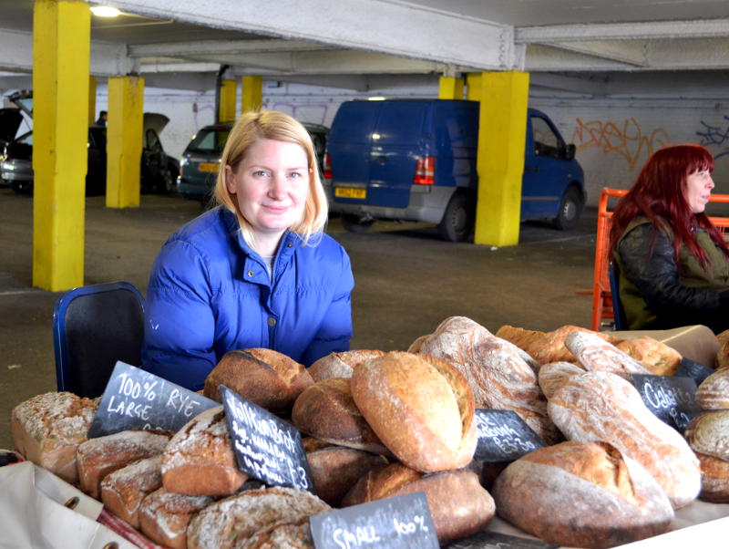 A bread stall in an underground car park