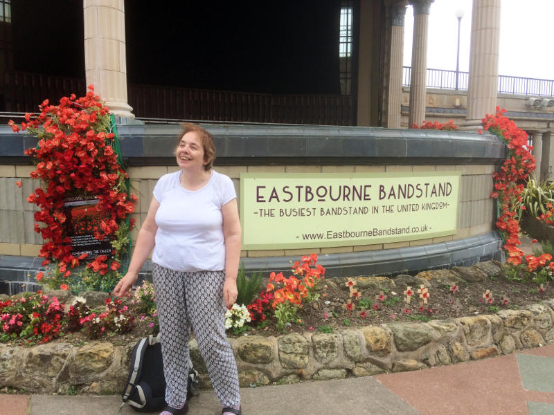 Miriam in front of Eastbourne Bandstand