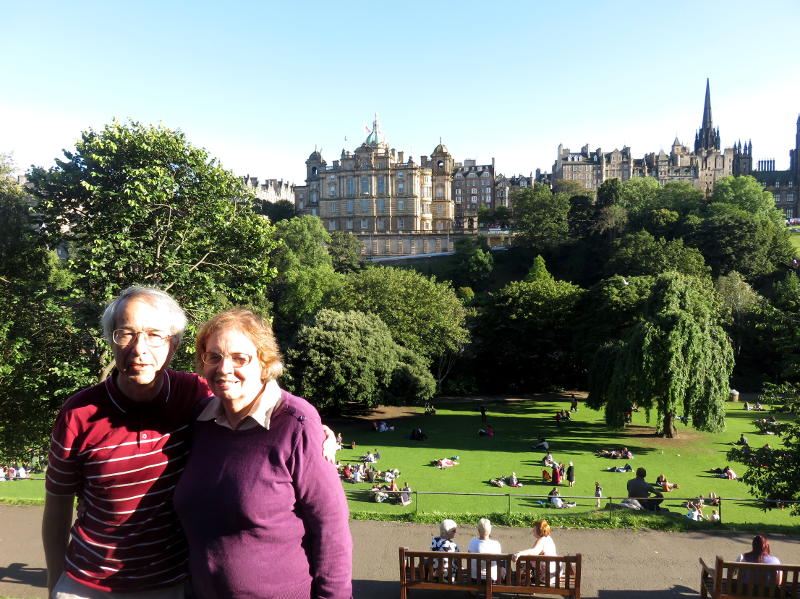 Phil and Miriam with the Edinburgh skyline in the background