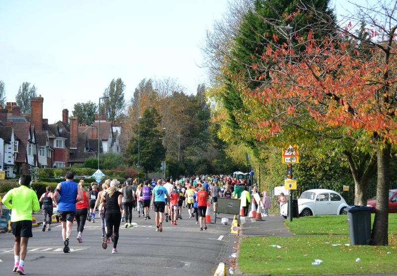 The runners go up Selly Park Road past a tree with brown leaves