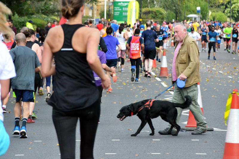 A man with a dog crossing a road full of runners