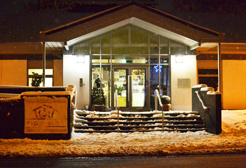 Snow on the front steps of Christ Church