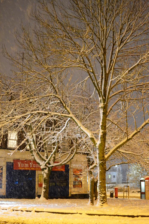 Snow on a street scene at night