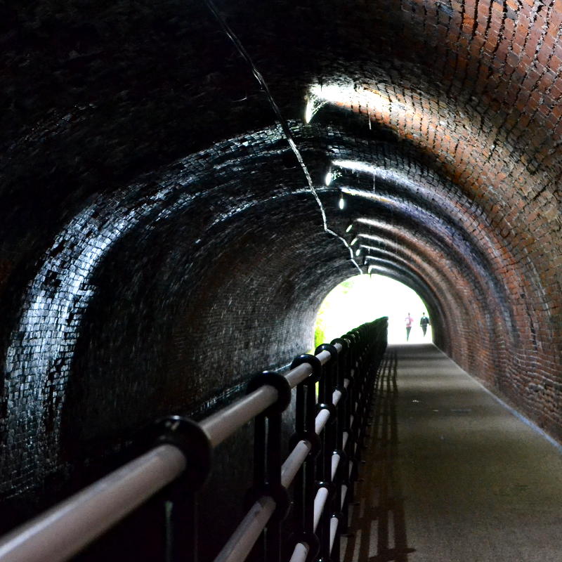 Looking through a tunnel with a metal fence protecting the towpath