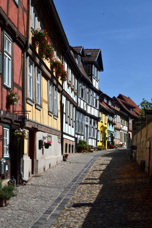 A row of historic painted houses