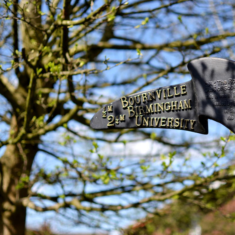 Heritage direction sign pointing towards Bournville and the University