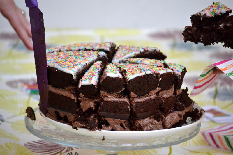 A chocolate cake cut into slices