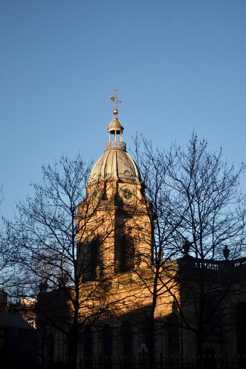 The tower of Birmingham Cathedral behind trees