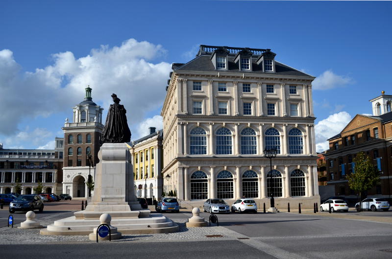 Grand buildings around Queen Mother Square, Poundbury