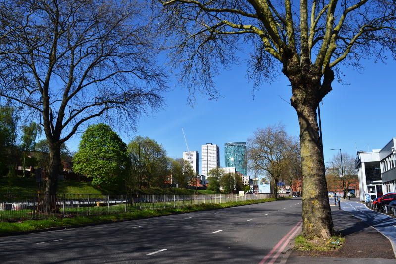 A deserted Bristol Street and view of the city centre