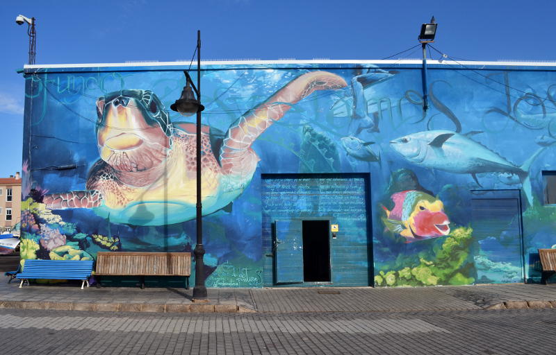 Mural featuring sea creatures on the front of a building