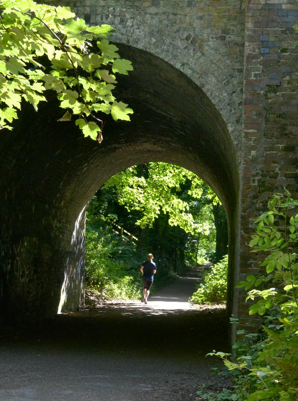 A runner going along a path under a bridge