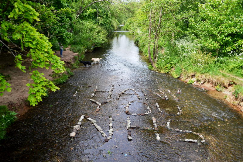 "Thank you NHS" written in stones in a river bed