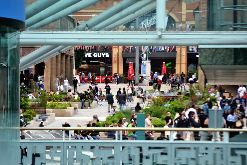 Distant view of a crowd in a shopping precinct