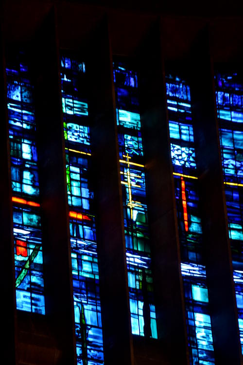 Modern, abstract stained glass, mainly blue