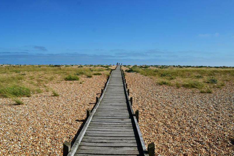 A wooden walkway leading across shingle towards the sea
