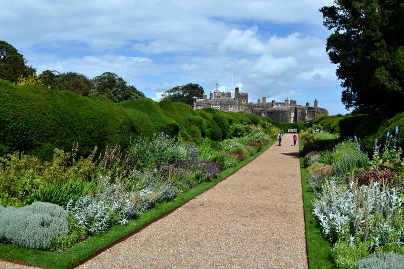 Path lined with bushes and plants leading towards Walmer Castle