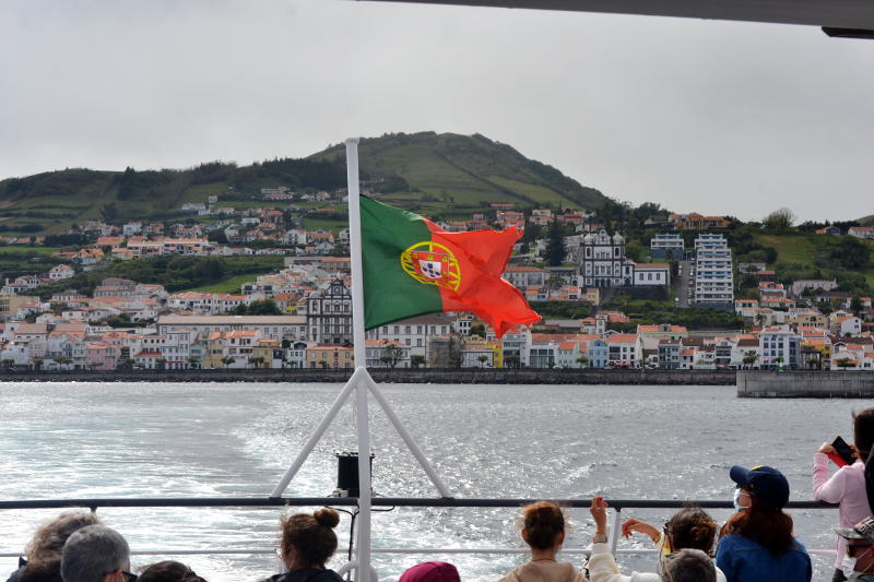View from the ferry across the sea to a town on a hillside