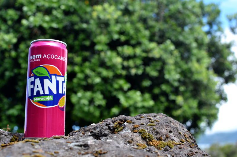 A can of Fanta on a rock