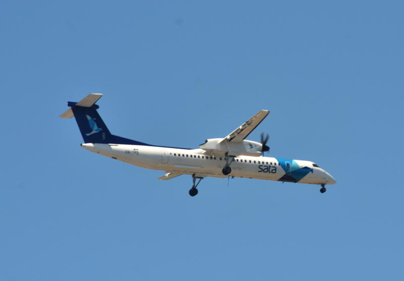 An aircraft of the SATA airline passing overhead
