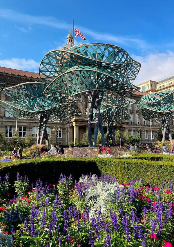 Plants and giant structures modelled on trees in front of Birmingham Council House