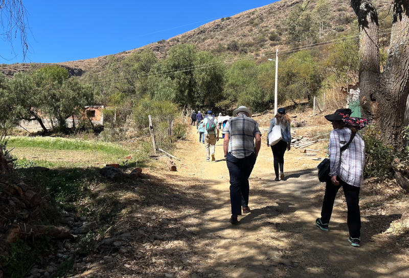 A group of people walking away along a dusty track with hills to the right