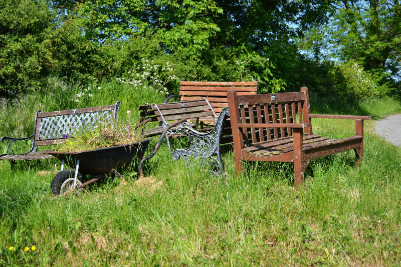A collection of wooden and metal benches in grassland beside a road