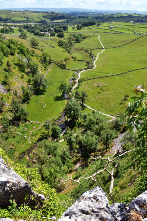 Looking down over a grass valley with a path stretching into the distance