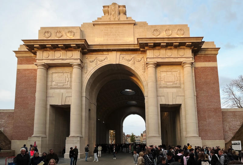 The Menin Gate, with a main arch over the road and two side portals for pedestrians