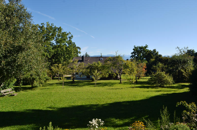 View over a large grassed garden to a bungalow, with trees and distant view of mountains