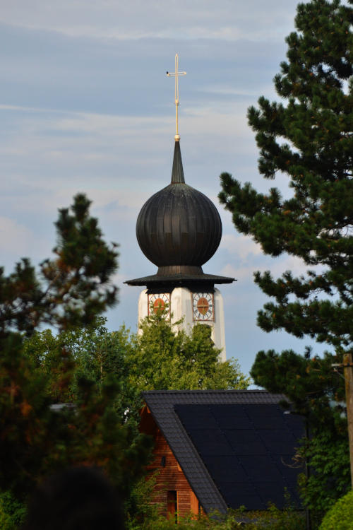 A tower with onion dome rising between trees