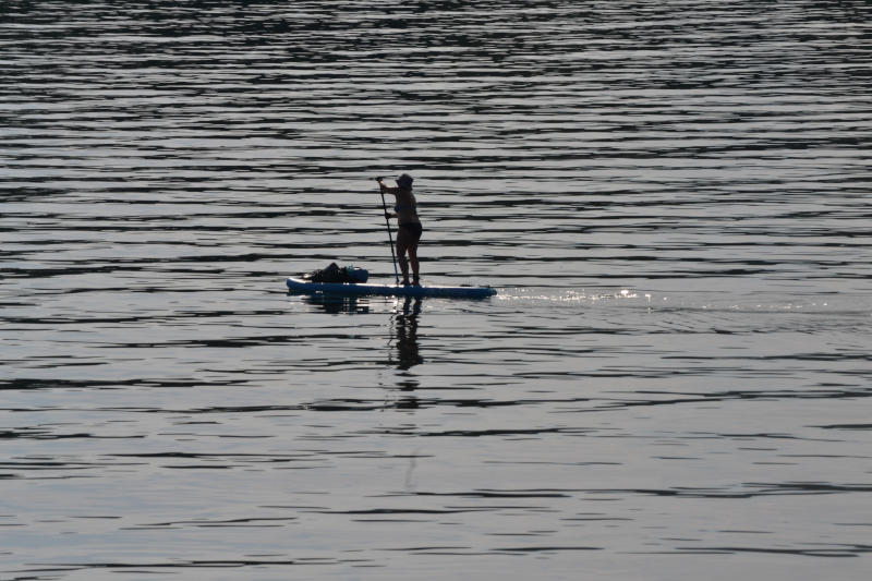 Silhouette of a paddleboarder against a background of rippling water